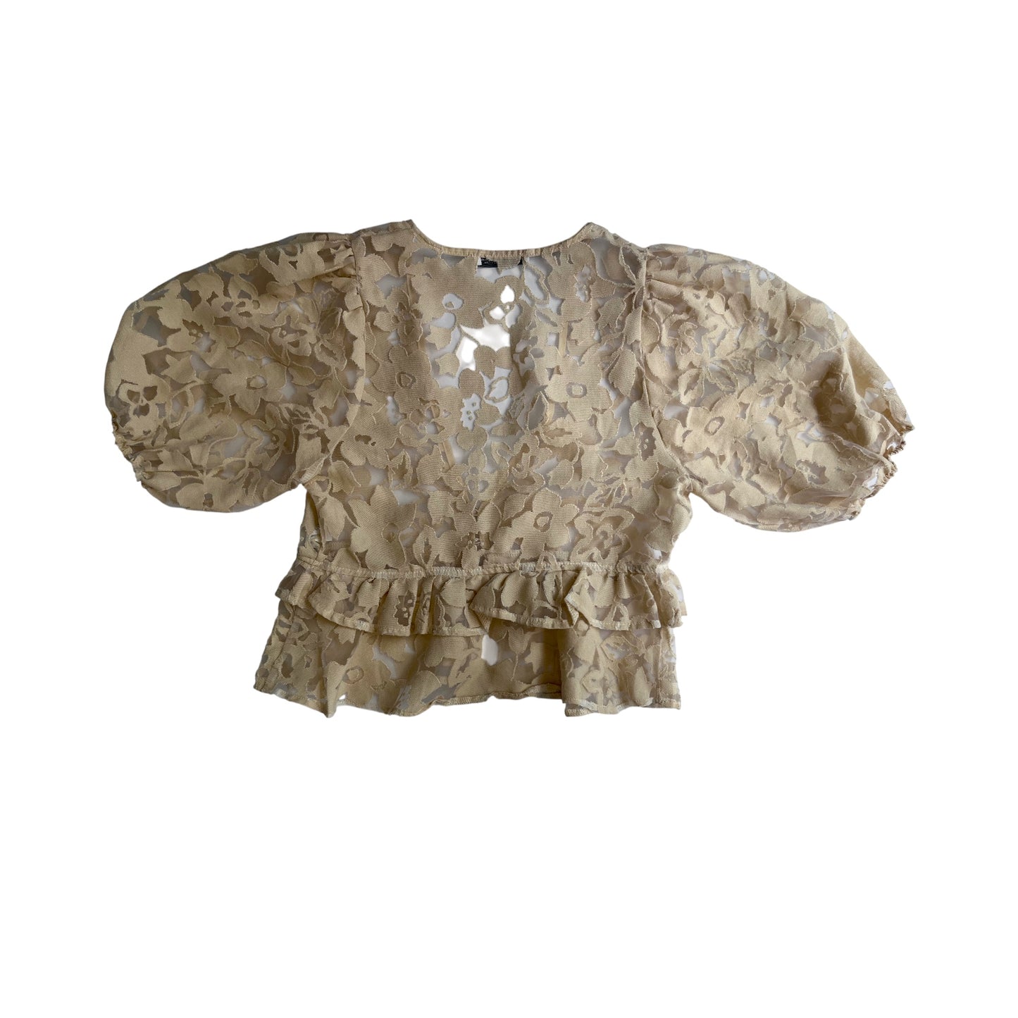 Blusa Zara beige de encaje floral con mangas globo – Talla M