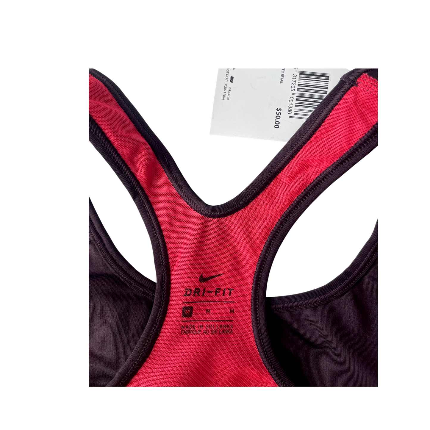 Top deportivo Nike “Just Do It” negro con detalles fucsia – Talla M