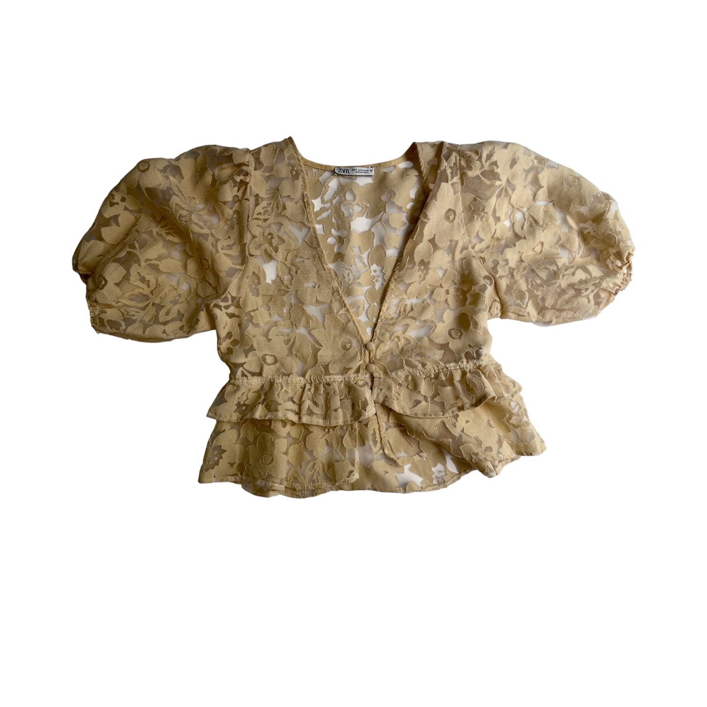 Blusa Zara beige de encaje floral con mangas globo – Talla M