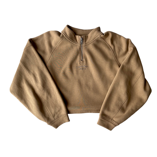 Suéter corto Calvin Klein Jeans beige con cierre frontal – Talla M