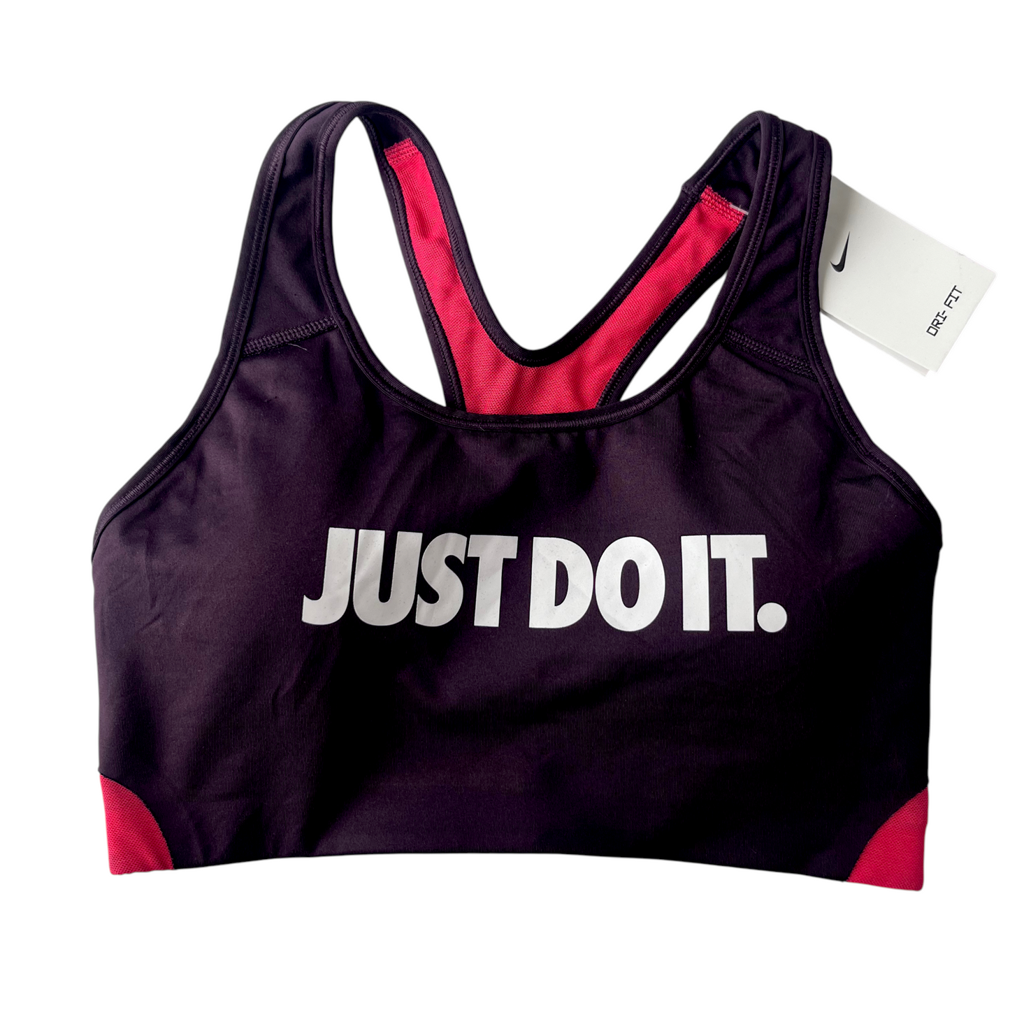 Top deportivo Nike “Just Do It” negro con detalles fucsia – Talla M