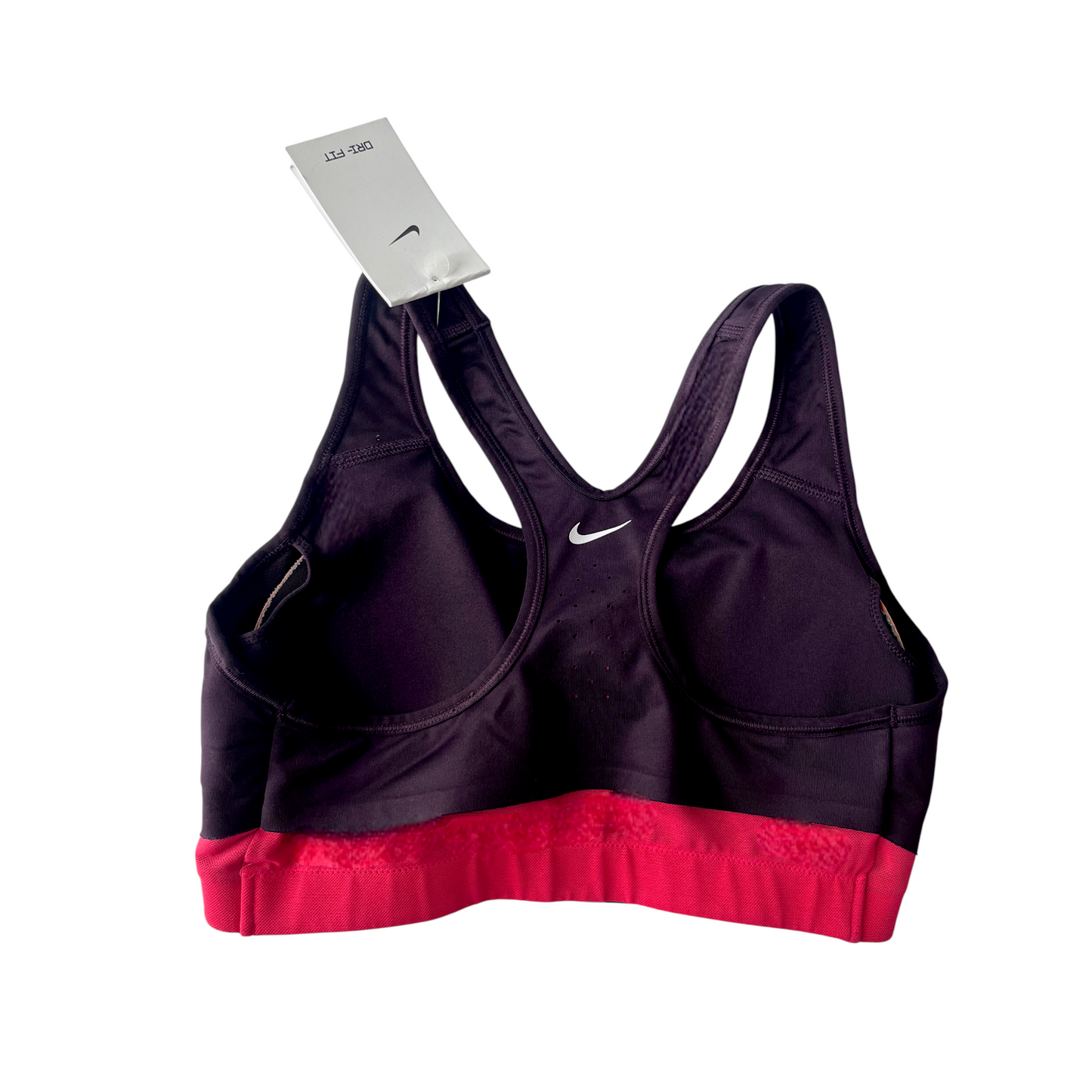 Top deportivo Nike “Just Do It” negro con detalles fucsia – Talla M