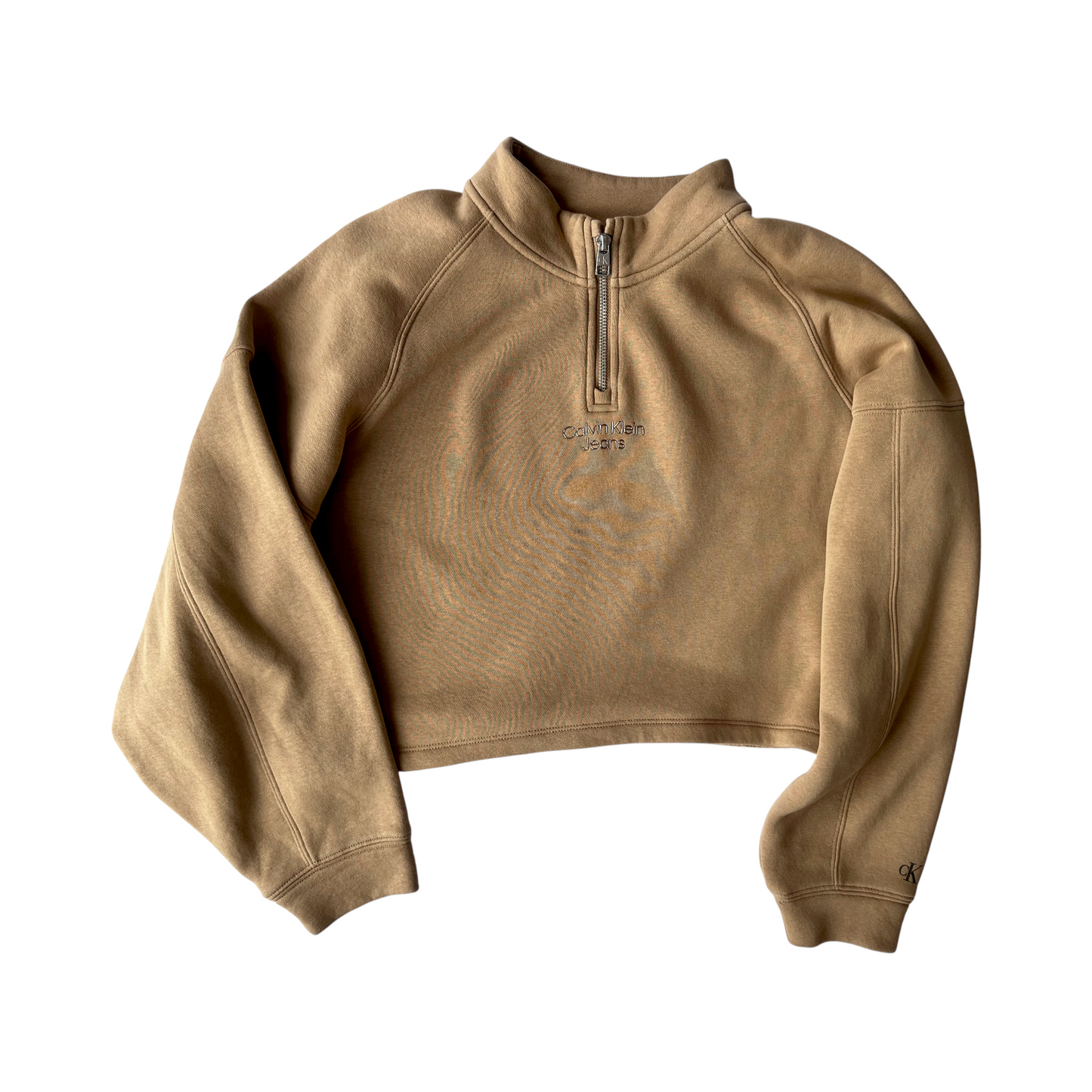 Suéter corto Calvin Klein Jeans beige con cierre frontal – Talla M