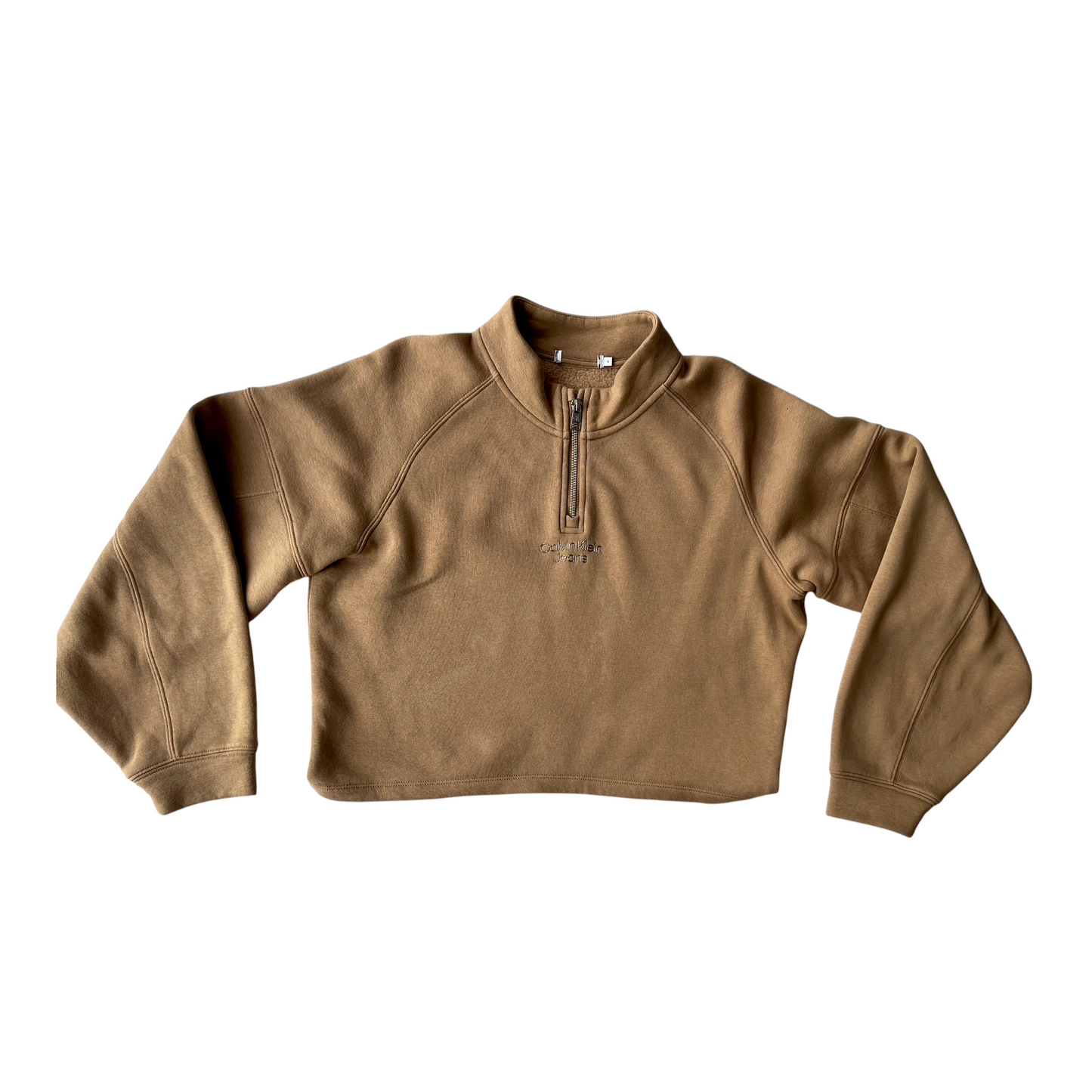 Suéter corto Calvin Klein Jeans beige con cierre frontal – Talla M